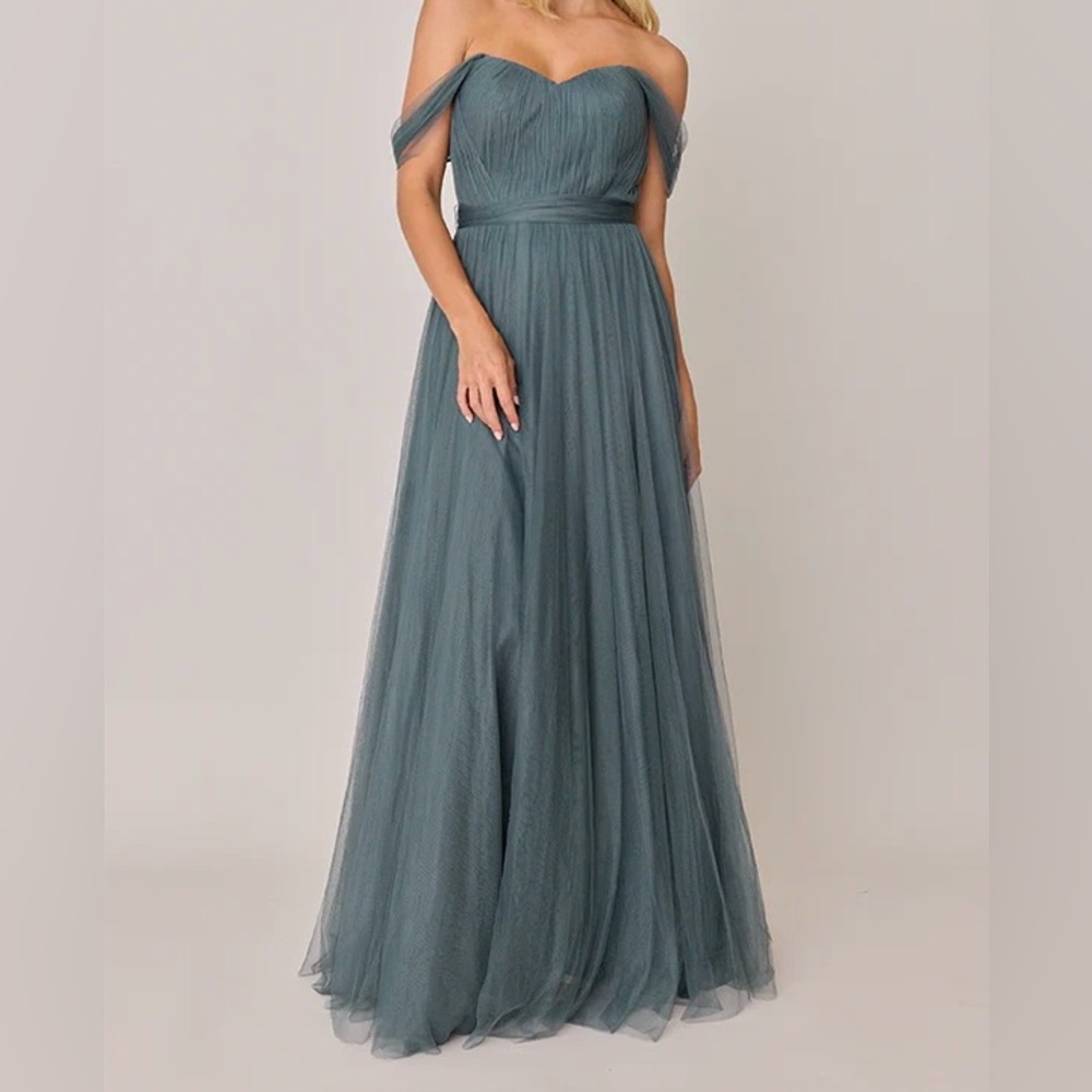 Revelry Rosalie Convertible Tulle
dress in Eucalyptus (slightly altered)